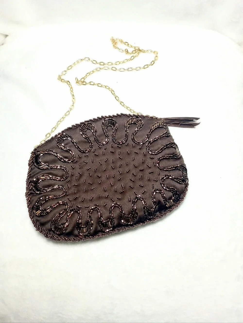 Vtg Sequin Beaded Shimmer Evening Bag Espresso Clutch Metal Strap Moody Glamour